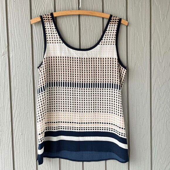 Vince Dot-Stripe Printed Silk Tank Top, Coastal Blue - Picture 7 of 8
